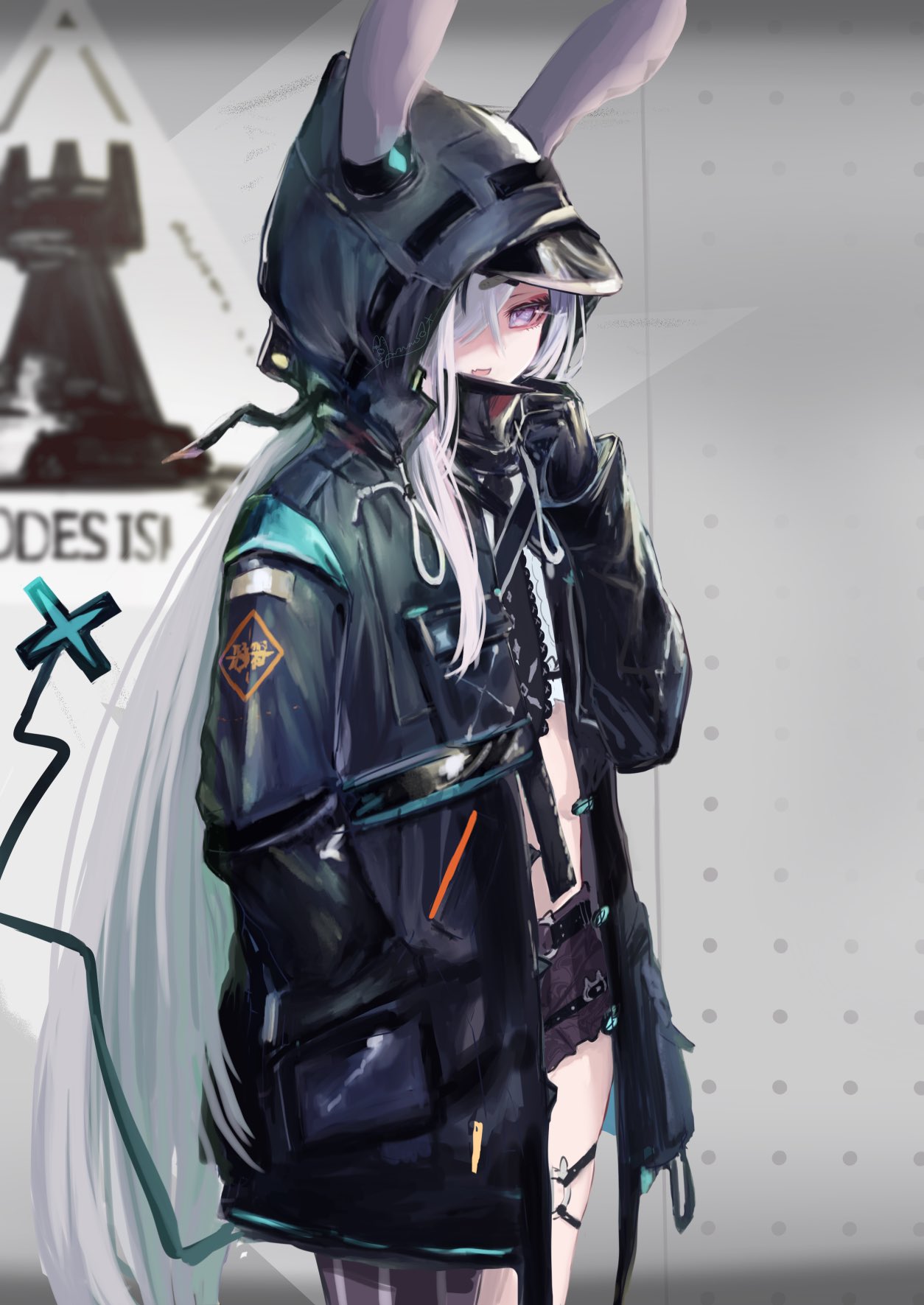 1girl :d animal_ears arknights black_coat black_gloves black_shorts coat commentary cowboy_shot doctor_(arknights) fang female_doctor_(arknights) gloves hair_over_one_eye hand_in_pocket hand_up highres hood hood_up hooded_coat long_hair long_sleeves looking_at_viewer one_eye_covered open_clothes open_coat open_mouth original ponytail rabbit_ears shorts sidelocks skin_fang slime_empire smile solo tail very_long_hair white_eyes white_hair