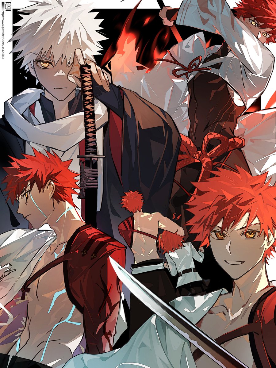 1boy 1girl abs ahoge back bangs black_kimono black_skirt chaldea_uniform closed_mouth commentary_request dark-skinned_male dark_skin eeju emiya_shirou expressionless fate/grand_order fate_(series) food fujimaru_ritsuka_(female) grin hair_ornament hair_scrunchie highres holding holding_food holding_sword holding_weapon igote japanese_clothes katana kimono long_hair long_sleeves looking_at_viewer looking_away male_focus multiple_views nagatekkou official_alternate_costume official_alternate_hair_color one_side_up orange_hair pantyhose redhead rope scarf scrunchie senji_muramasa_(fate) senji_muramasa_(second_ascension)_(fate) senji_muramasa_(third_ascension)_(fate) shimenawa short_hair side_ponytail skirt smile sword teeth upper_body weapon white_hair wide_sleeves yellow_eyes