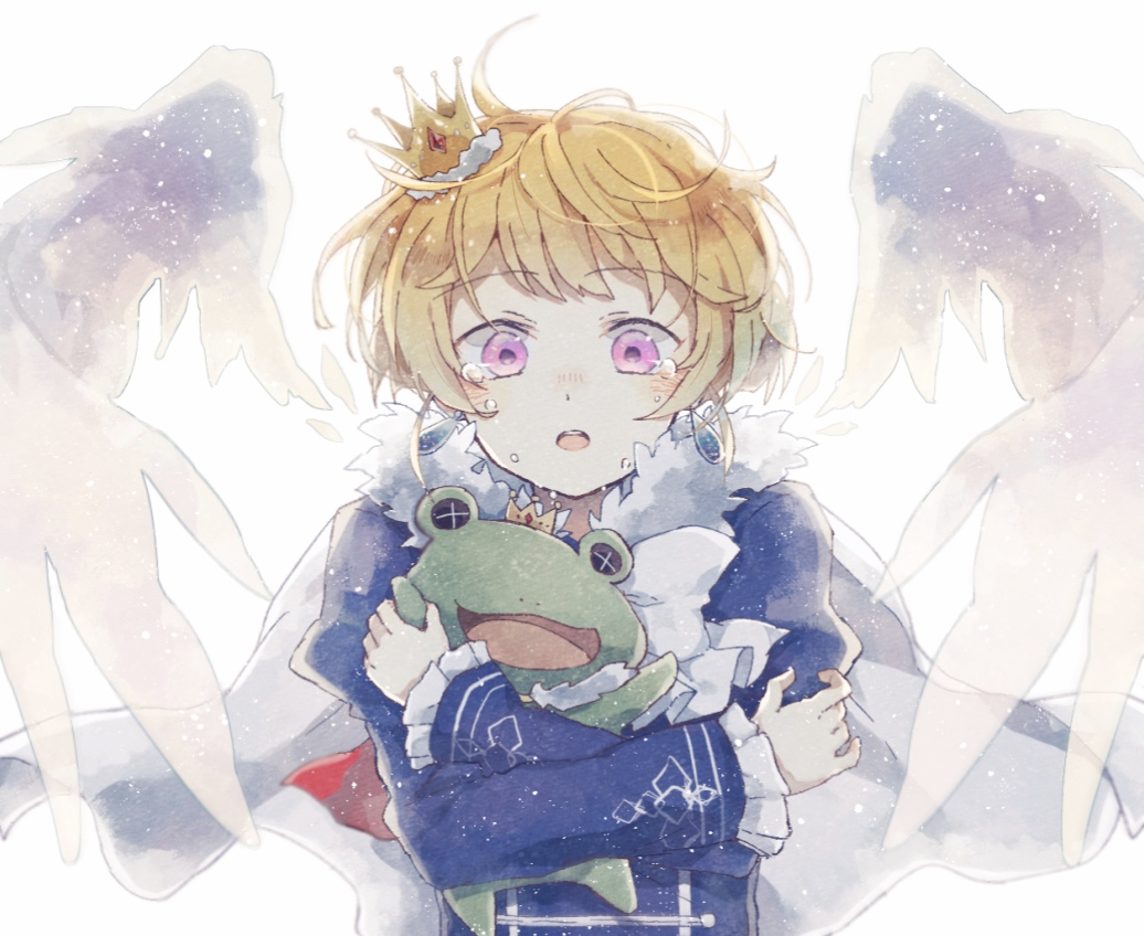 163yunatsu 1boy ahoge alternate_eye_color animal_hug bangs blonde_hair blue_jacket colored_skin crossed_arms crown frilled_sleeves frills frog fur_trim green_skin hug idolmaster idolmaster_side-m jacket light_blush long_sleeves looking_down male_focus messy_hair mini_crown open_mouth pierre_bichelberger pink_eyes print_jacket short_hair stuffed_animal stuffed_frog stuffed_toy tearing_up tears violet_eyes white_background white_wings wings