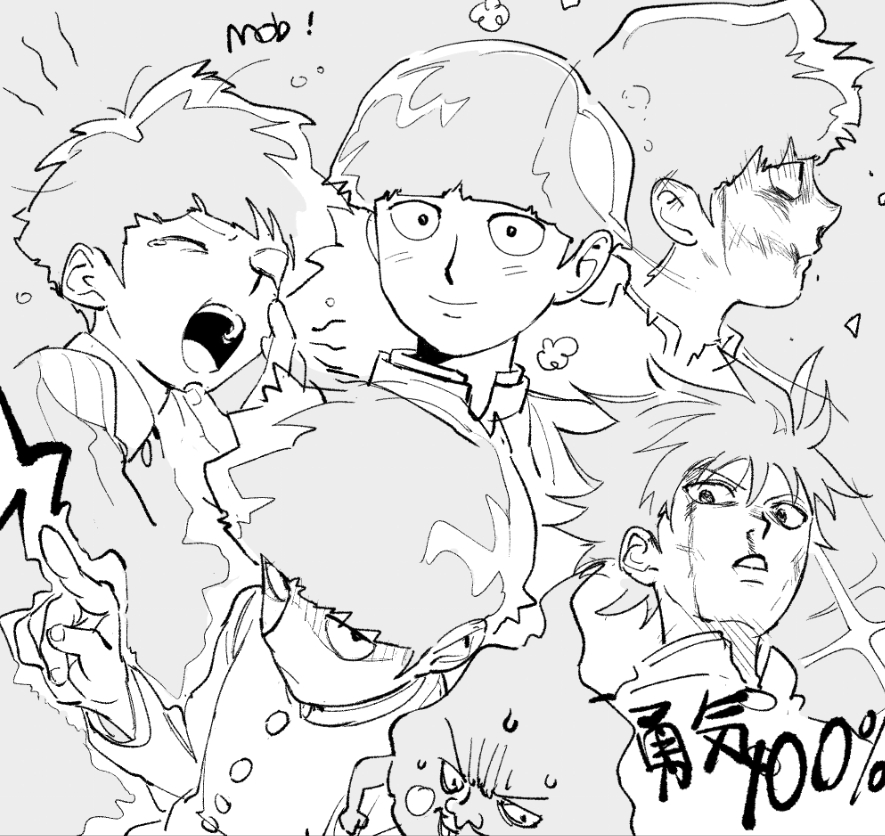 1boy bangs blunt_bangs bowl_cut character_name chinese_commentary closed_mouth commentary_request diffraction_spikes ekubo_(mob_psycho_100) floating_hair furrowed_brow gakuran greyscale index_finger_raised injury kageyama_shigeo looking_at_viewer male_focus messy_hair mob_psycho_100 monochrome multiple_views open_mouth qin_(7833198) school_uniform short_hair smile sweatdrop yawning