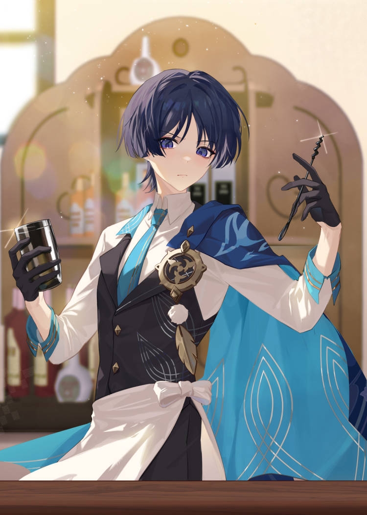 1boy alcohol alternate_costume apron aqua_necktie bangs bar_(place) bartender black_gloves black_hair blue_cape blunt_ends blurry blurry_background blush bottle bow cape closed_mouth collared_shirt commentary_request counter cup dress_shirt feathers frown genshin_impact glint gloves half_gloves hands_up holding holding_cup indoors light_particles long_sleeves looking_at_viewer male_focus necktie parted_bangs pom_pom_(clothes) scaramouche_(genshin_impact) shelf shirt short_hair sidelocks sleeve_cuffs solo standing two-sided_cape two-sided_fabric upper_body violet_eyes waist_apron wanderer_(genshin_impact) white_apron white_bow white_shirt window wing_collar yunifengxia