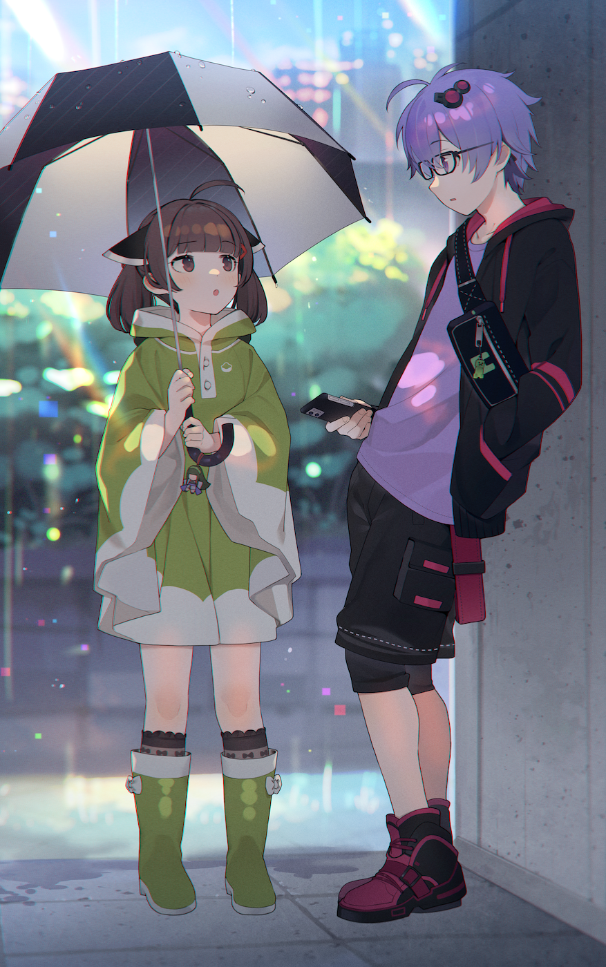 1boy 1girl :o bag bangs black_jacket black_shorts blurry blurry_background boots brown_eyes brown_hair building cellphone charm_(object) coat fanny_pack glasses green_footwear hair_ornament hand_in_pocket headgear highres holding holding_phone holding_umbrella hood hood_down hooded_coat jacket long_sleeves open_clothes open_jacket outdoors parted_lips phone purple_hair purple_shirt rain raincoat shirinda_fureiru shirt shorts smartphone standing touhoku_kiritan touhoku_zunko twintails umbrella violet_eyes voiceroid wide_sleeves yuzuki_yukari's_younger_twin_brother