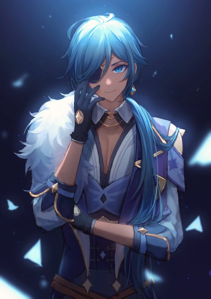 1boy armband bangs black_gloves blue_eyes blue_hair blue_vest blurry blurry_foreground cape closed_mouth collarbone collared_shirt commentary dark-skinned_male dark_skin depth_of_field earrings eyelashes eyepatch fur-trimmed_cape fur_trim genshin_impact gloves gold_trim hair_between_eyes hair_over_shoulder hand_up jewelry kaeya_(genshin_impact) lapels long_hair long_sleeves looking_at_viewer low_ponytail male_focus mugiko_mz one_eye_covered pectoral_cleavage pectorals ponytail shirt sidelocks single_earring sleeves_rolled_up smile solo spikes standing swept_bangs upper_body very_long_hair vest white_shirt wing_collar