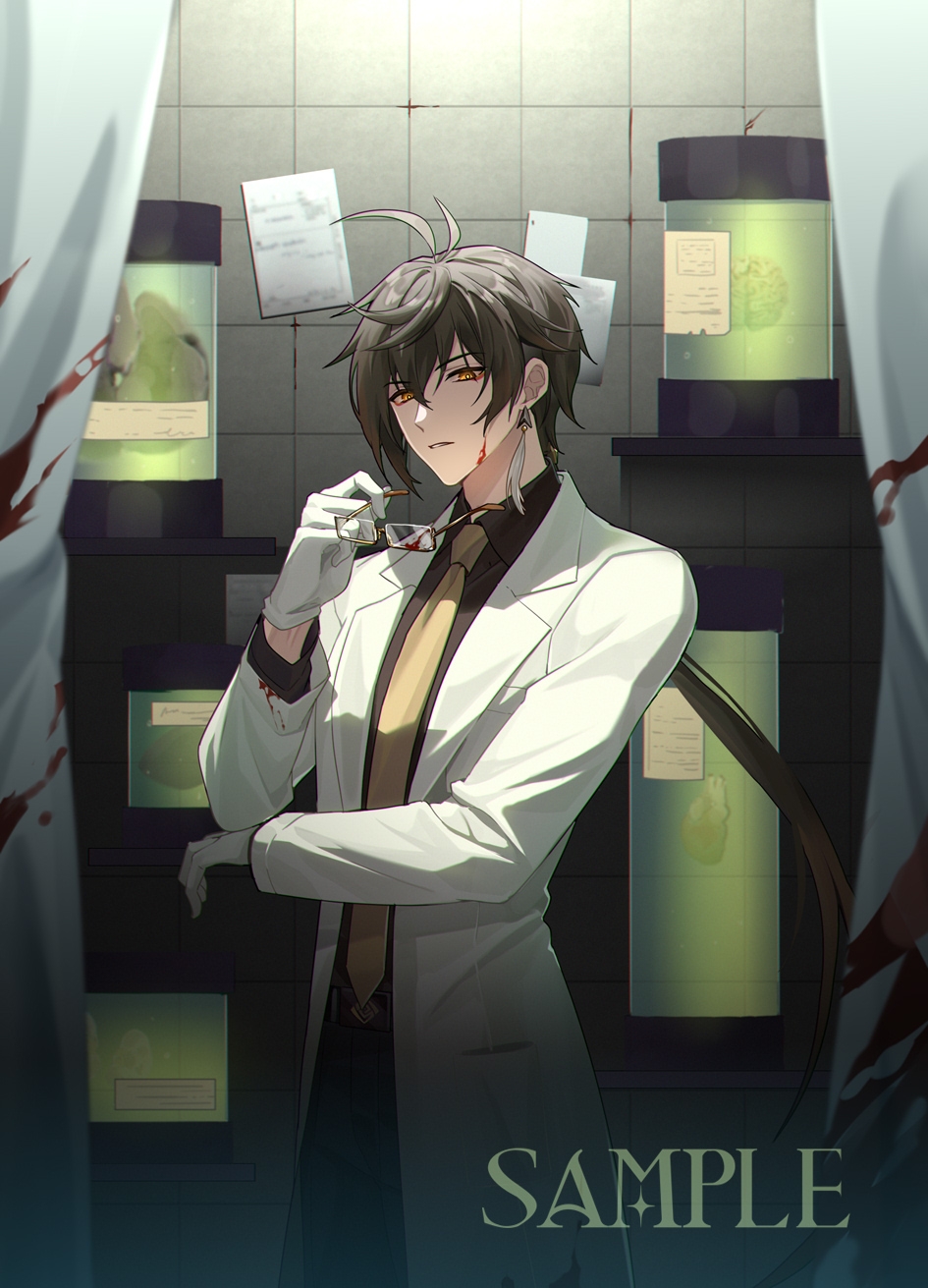 1boy antenna_hair bangs black_shirt blood blood_on_clothes blood_on_face blood_splatter brown_eyes brown_hair coat collared_shirt commentary_request cowboy_shot curtains dress_shirt earrings expressionless eyewear_removed genshin_impact glasses gloves hair_between_eyes hand_up highres holding holding_eyewear indoors jewelry labcoat lapels long_hair long_sleeves low_ponytail male_focus necktie open_clothes open_coat paper parted_lips pocket ponytail red_eyeliner sample_watermark shirt sidelocks single_earring solo standing tank_(container) tassel tassel_earrings tile_wall tiles white_coat white_gloves wing_collar yellow_necktie yunifengxia zhongli_(genshin_impact)
