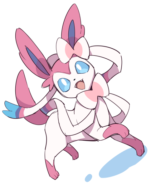 :d blue_eyes bright_pupils commentary_request fangs full_body happy momoji_(lobolobo2010) no_humans open_mouth pokemon pokemon_(creature) sketch smile solo sylveon white_background white_pupils