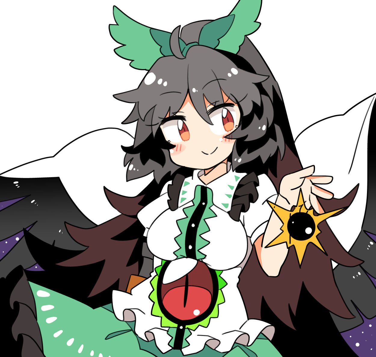 1girl arm_cannon bird_wings black_hair black_wings blush bow closed_mouth collared_shirt feathered_wings green_bow green_skirt hair_between_eyes hair_bow ini_(inunabe00) long_hair orange_eyes reiuji_utsuho shirt short_sleeves simple_background skirt smile solo third_eye touhou upper_body weapon white_background white_shirt wings