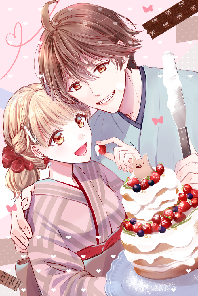 1boy 1girl ahoge animal bangs beads blue_hakama blueberry bow brown_eyes brown_hair brown_sash cake cream earrings flower flower_earrings food fruit hair_beads hair_between_eyes hair_ornament hakama hand_on_another's_shoulder heart heart_of_string holding holding_food holding_knife japanese_clothes jewelry kimono knife light_brown_hair looking_at_another looking_at_food medium_hair natsumoto_(pixiv895938) obi open_mouth original pink_bow pink_kimono plate ponytail red_flower red_rose red_sash red_scrunchie ribbon rose sash scrunchie short_hair smile strawberry string tan_background tape teeth white_ribbon yukata