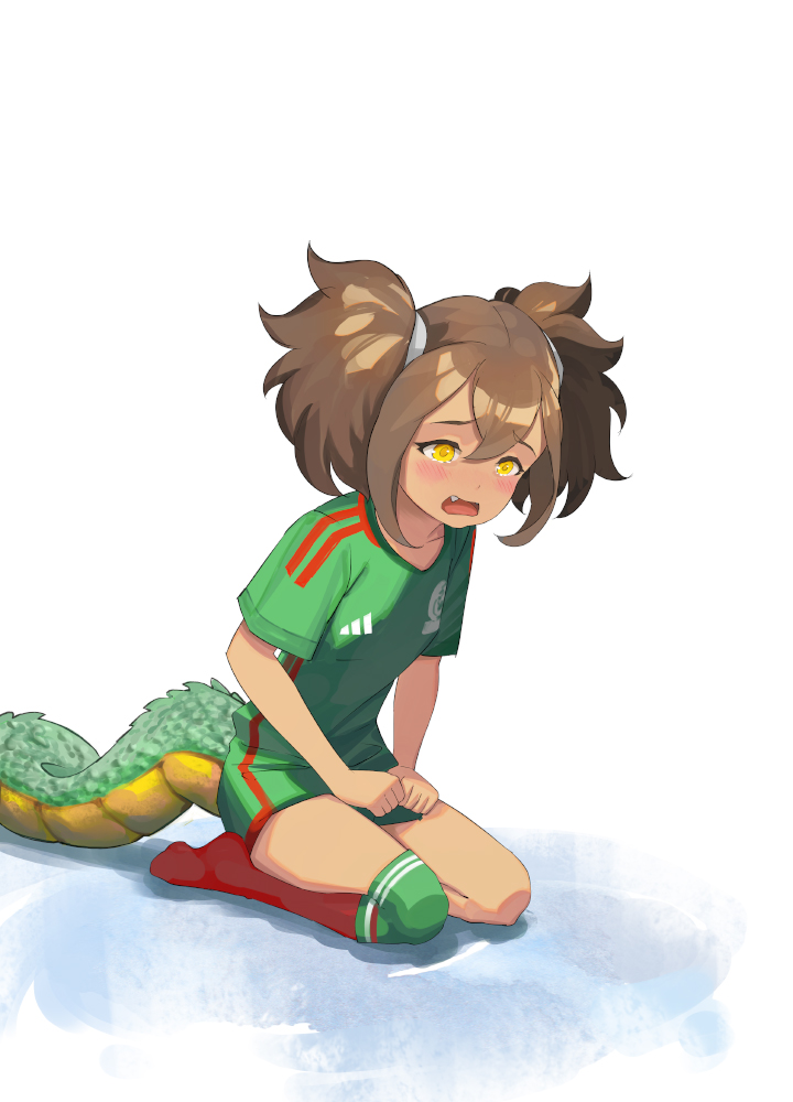 1girl 2022_fifa_world_cup adidas ball dark-skinned_female dark_skin hair_ornament jewelry mechico mexico open_mouth panties personification quetzalcoatl_(mythology) sad simple_background smile soccer soccer_ball soccer_uniform solo sportswear tears twintails underwear uniform world_cup wristband yellow_eyes yugen99