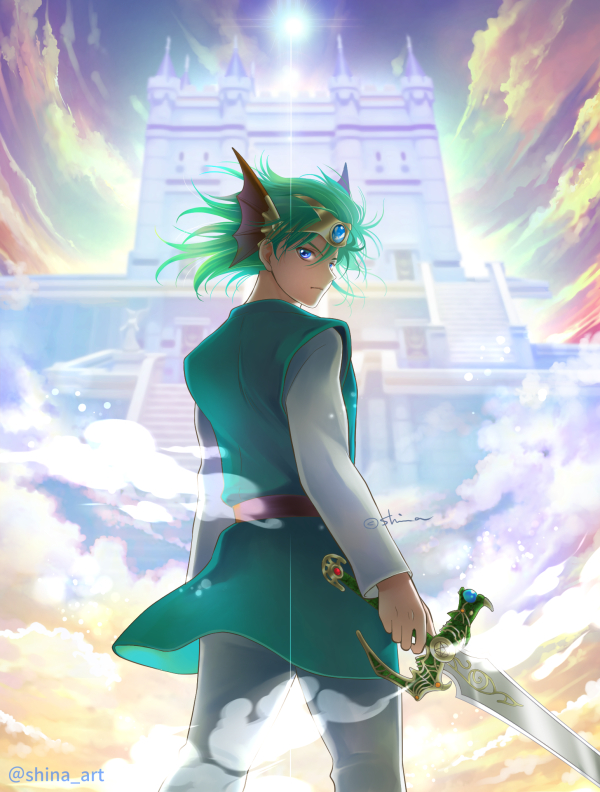 1boy belt blue_eyes blue_sky closed_mouth clouds cloudy_sky dragon_quest dragon_quest_iv floating_castle from_behind green_hair green_tunic headpiece hero_(dq4) holding holding_sword holding_weapon long_sleeves looking_at_viewer male_focus pants shina_art shirt sky solo standing sun sunlight sword twitter_username weapon white_pants white_shirt zenithian_sword