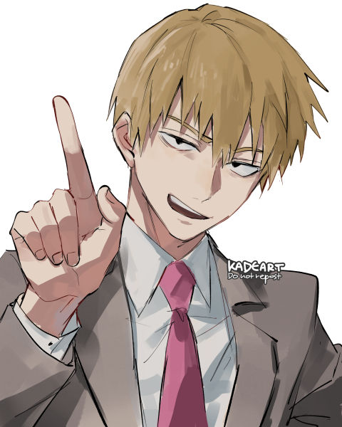 1boy artist_name blonde_hair collared_shirt formal grey_suit kadeart looking_at_viewer male_focus mob_psycho_100 necktie open_mouth pointing pointing_up red_necktie reigen_arataka shirt short_hair simple_background suit upper_body white_background white_shirt