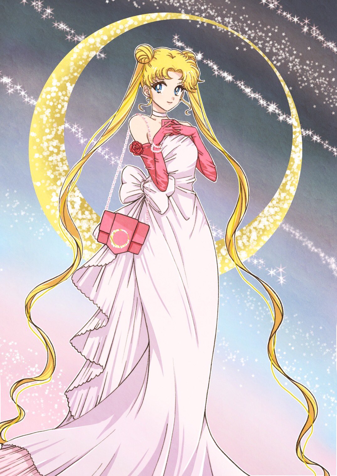 1girl bangs bare_shoulders bead_bracelet beads bishoujo_senshi_sailor_moon blonde_hair blue_eyes bracelet breasts crescent_moon dabudabu double_bun dress elbow_gloves feet_out_of_frame frilled_dress frills gloves hair_bun highres jewelry long_dress long_hair looking_at_viewer medium_breasts moon own_hands_together parted_bangs pink_bag pink_gloves princess_serenity sidelocks solo strapless strapless_dress twintails very_long_hair white_background white_dress