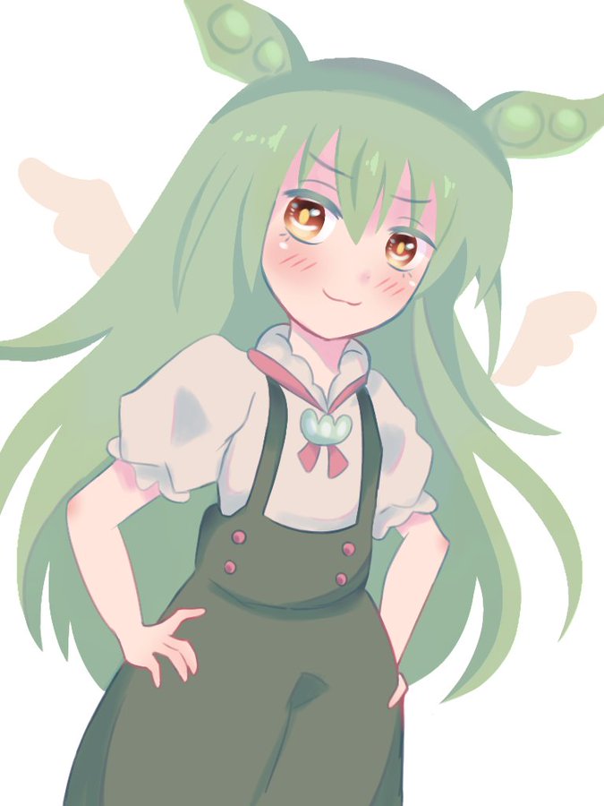 blush brown_eyes green_hair hair_ornament hand_on_hip long_hair overalls smug voicevox zundamon