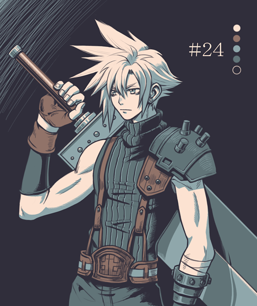 1boy armor bandaged_arm bandages belt black_background blonde_hair blue_pants blue_shirt brown_belt brown_gloves buster_sword cloud_strife cowboy_shot earrings final_fantasy final_fantasy_vii fingerless_gloves gloves hair_between_eyes holding holding_sword holding_weapon jewelry male_focus pants shirt short_hair shoulder_armor single_bare_shoulder single_earring sleeveless sleeveless_turtleneck solo spiky_hair suspenders sword toned toned_male turtleneck uboar weapon