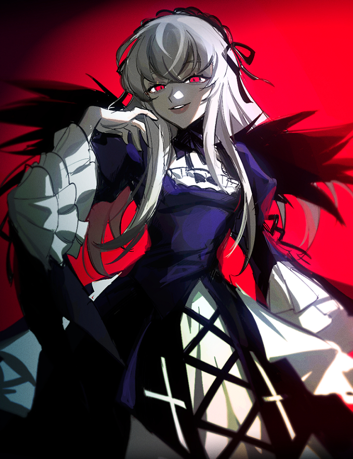 1girl bangs black_headwear blue_dress bonnet cowboy_shot crossed_bangs dress evil_smile grey_hair half-closed_eyes hand_up layered_sleeves long_hair long_sleeves looking_at_viewer neck_ribbon parted_lips red_background red_eyes ribbon rozen_maiden sketch smile solo standing suigintou turtleneck_dress wuliu_heihuo