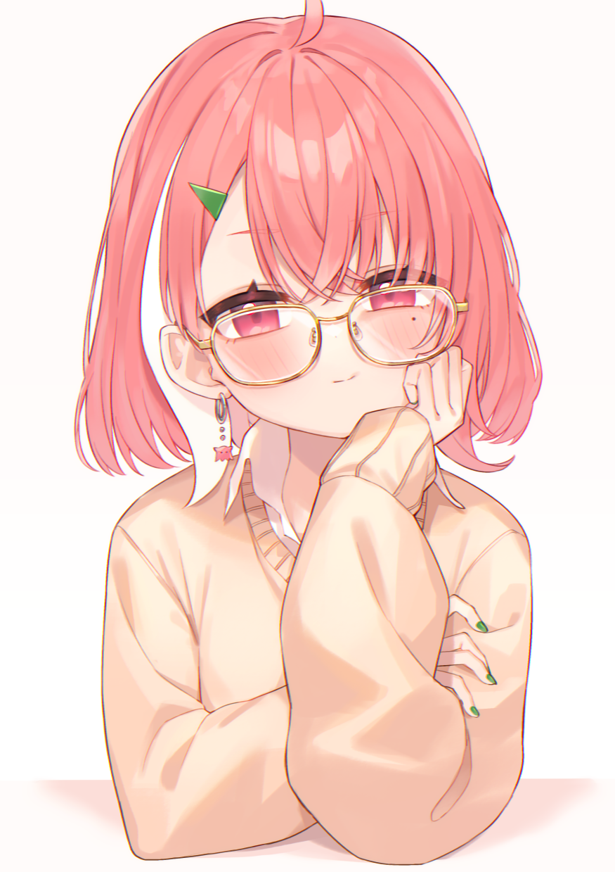 1girl ahoge alternate_costume bangs bespectacled blush brown_cardigan cardigan closed_mouth collared_shirt dangle_earrings earrings glasses green_nails hair_between_eyes hair_ornament hairclip hand_on_own_arm hand_on_own_face hand_rest head_tilt highres hoop_earrings jewelry kanase_(mcbrwn18) long_sleeves looking_at_viewer nail_polish nijisanji no_hood open_collar pink_eyes pink_hair sasaki_saku shirt short_hair simple_background solo upper_body virtual_youtuber white_background white_shirt yellow-framed_eyewear yellow_cardigan