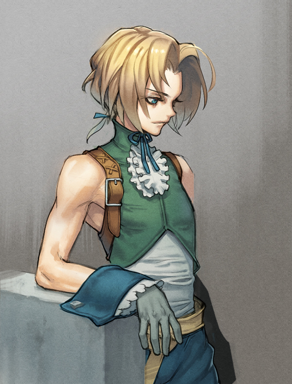 1boy bangs bare_shoulders belt blonde_hair blue_eyes blue_pants blue_ribbon cowboy_shot cropped_vest final_fantasy final_fantasy_ix frilled_shirt_collar frills gloves green_vest grey_gloves hair_ribbon looking_to_the_side low_ponytail male_focus neck_ribbon pants parted_bangs ribbon shirt short_hair solo toned toned_male uboar vest white_shirt wrist_cuffs zidane_tribal