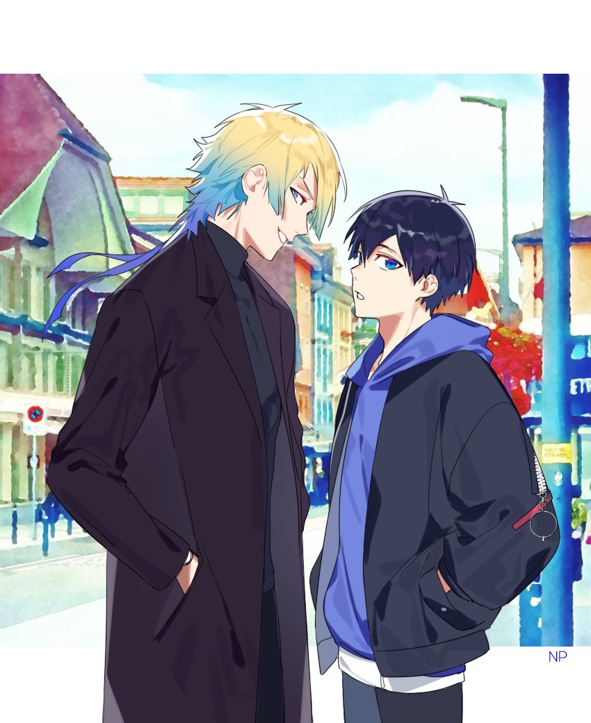 2boys bangs black_coat black_hair black_jacket black_pants blonde_hair blue_eyes blue_hoodie blue_lock building coat cowboy_shot day enpissi faux_traditional_media gradient_hair hair_between_eyes hands_in_pockets hood hood_down hoodie isagi_yoichi jacket korean_commentary lamppost long_hair long_sleeves looking_at_viewer male_focus michael_kaiser multicolored_hair multiple_boys open_clothes open_jacket open_mouth outdoors pants road short_hair smile standing street two-tone_hair zipper