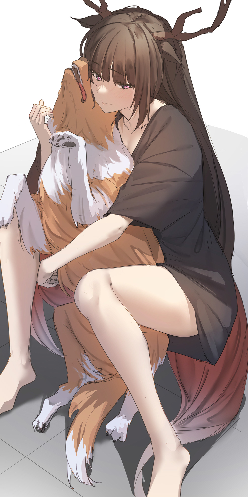 1girl 1other animal antlers bangs barefoot black_hair black_shirt blunt_bangs blush character_request copyright_request dog highres holding holding_animal holding_dog long_hair looking_to_the_side pallad red_eyes shirt sitting t-shirt very_long_hair virtual_youtuber