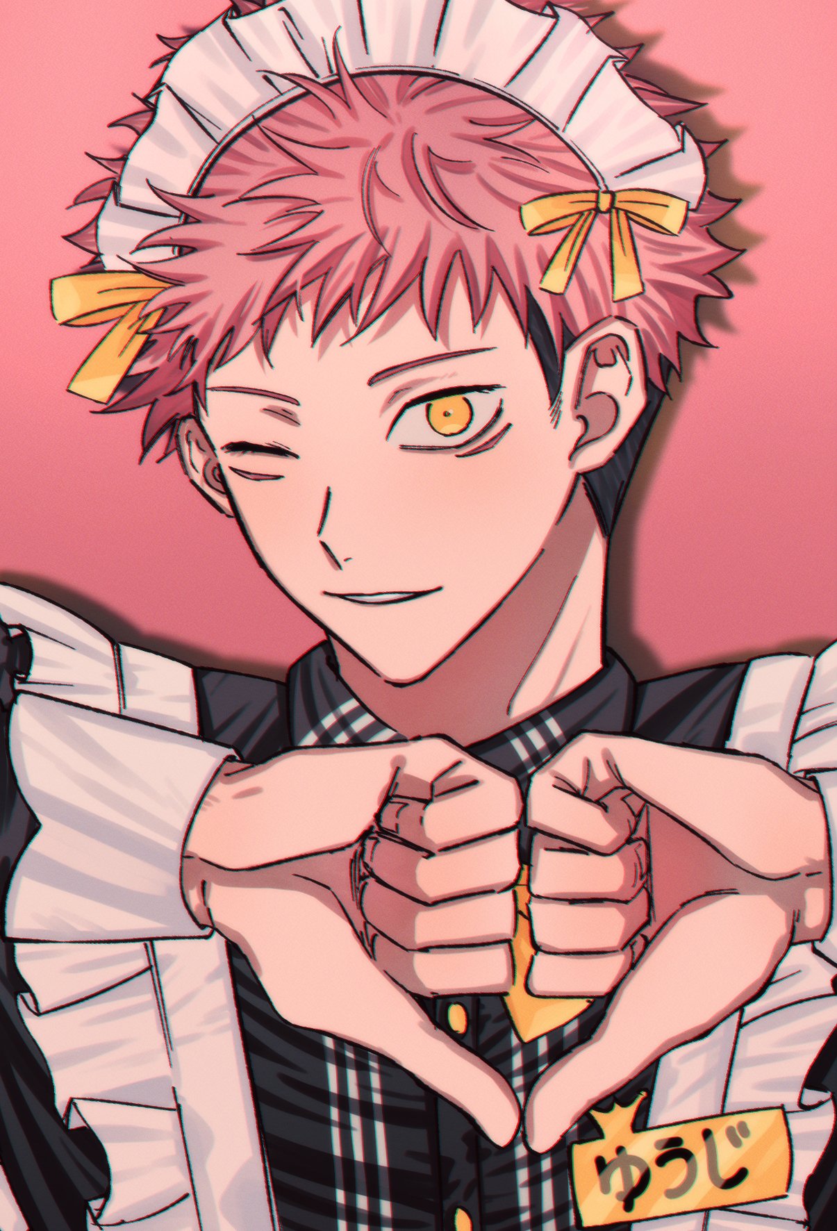 1boy apron black_dress buttons crossdressing dress facial_mark frilled_apron frills fushirun_rung heart heart_hands highres itadori_yuuji jujutsu_kaisen long_sleeves looking_at_viewer maid_apron maid_headdress male_focus one_eye_closed pink_background pink_hair ribbon short_hair simple_background smile solo yellow_eyes yellow_ribbon