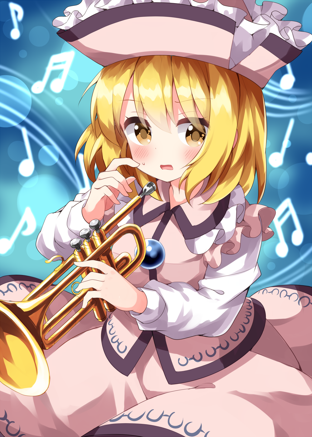 1girl blonde_hair blush buttons cosplay frilled_hat frills hat highres holding holding_instrument instrument long_sleeves lunasa_prismriver merlin_prismriver merlin_prismriver_(cosplay) musical_note one-hour_drawing_challenge open_mouth pink_headwear pink_skirt pink_vest pointy_hat ruu_(tksymkw) shirt short_hair skirt solo sweatdrop touhou trumpet vest white_shirt yellow_eyes