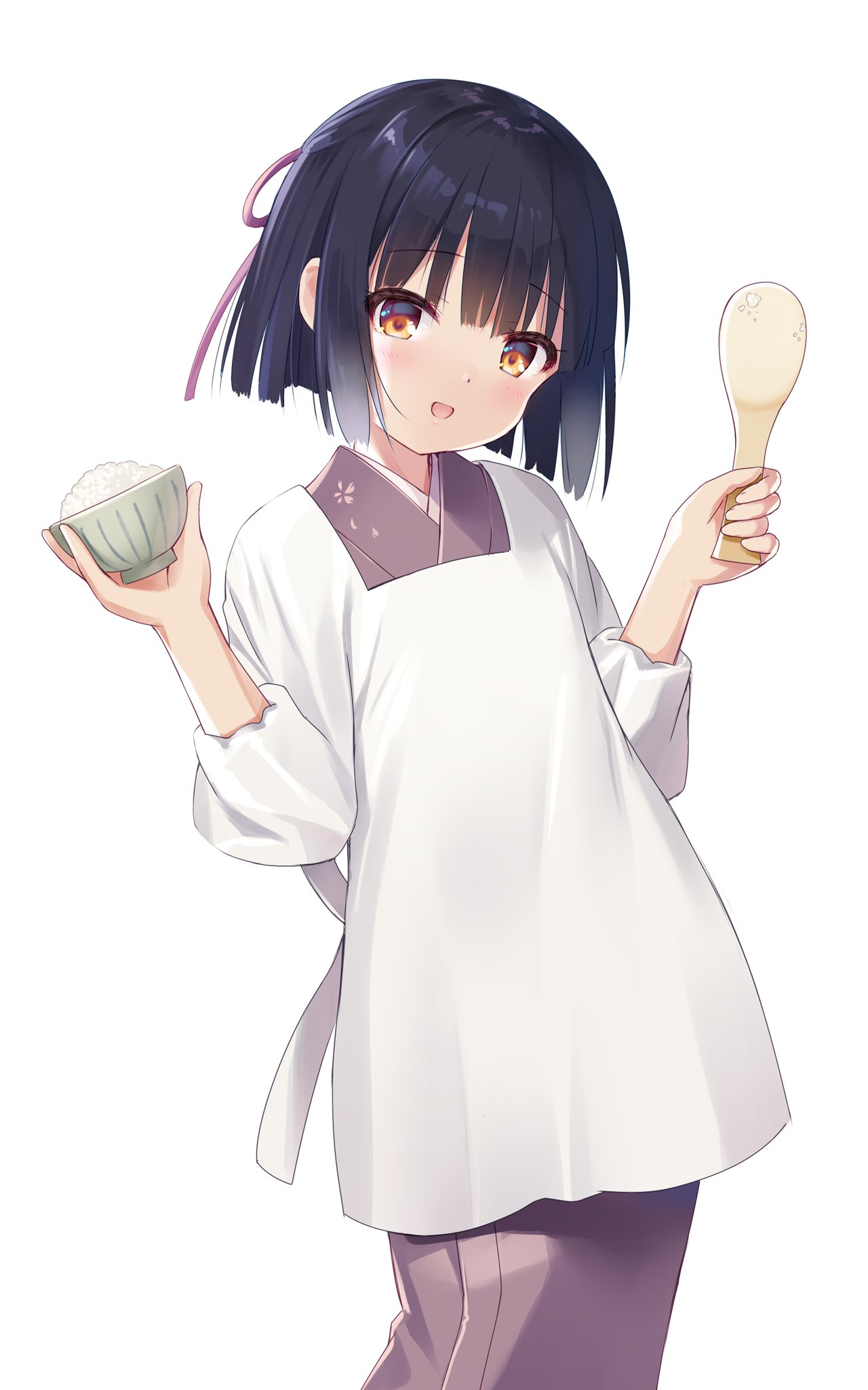 1girl :d apron bangs black_hair blush bowl brown_eyes commentary_request feet_out_of_frame hair_ribbon hands_up highres holding holding_bowl holding_spoon japanese_clothes kappougi kimono long_sleeves looking_at_viewer na-ga open_mouth original pink_kimono pink_ribbon ribbon rice_bowl shamoji short_hair sidelocks simple_background sleeves_rolled_up smile solo spoon standing white_apron white_background