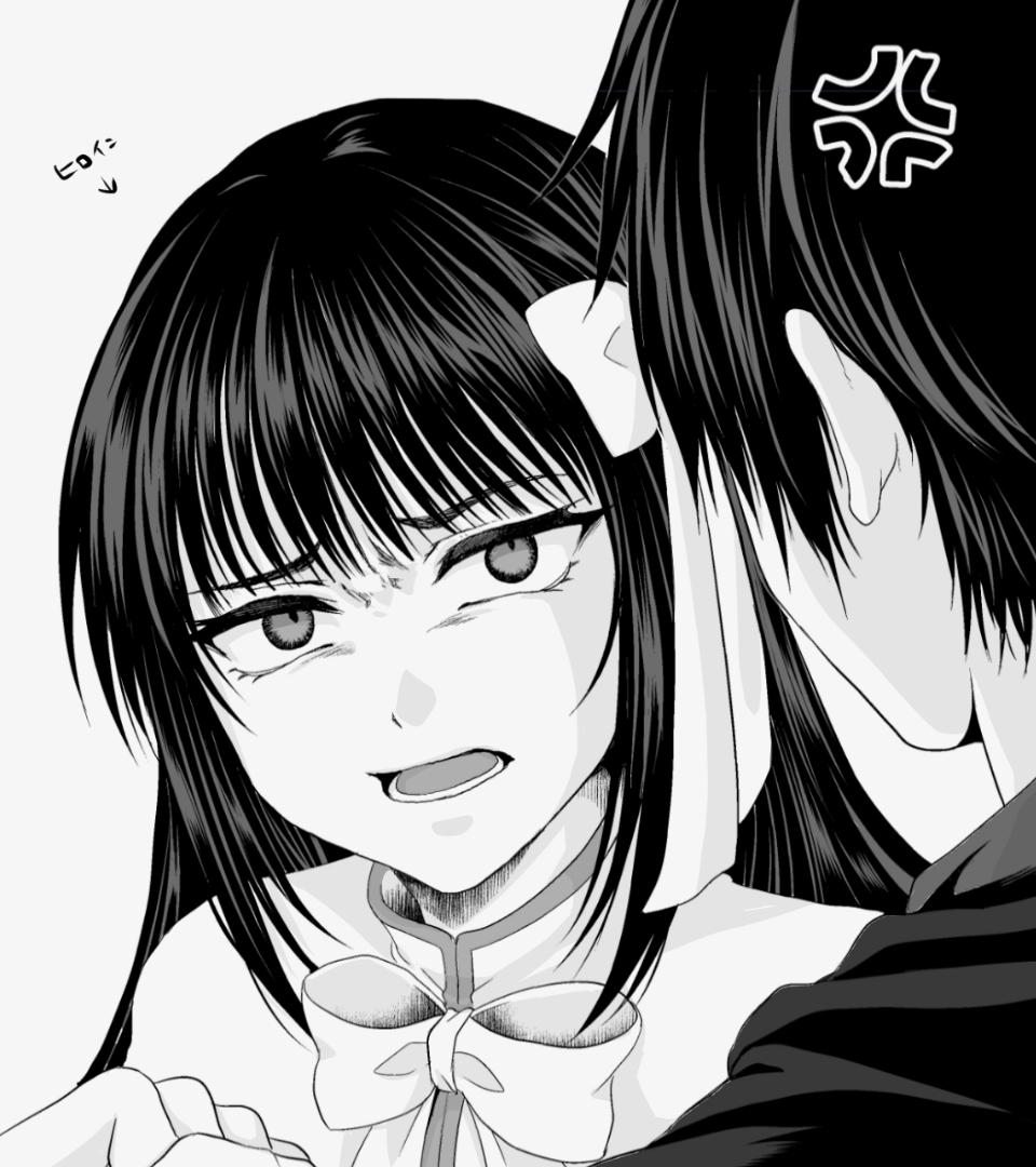 1boy 1girl alistar_(nise_seiken_monogatari) anger_vein arrow_(symbol) black_hair bow bowtie dress greyscale kanimiso_umaina magary_(nise_seiken_monogatari) monochrome nise_seiken_monogatari portrait simple_background white_background