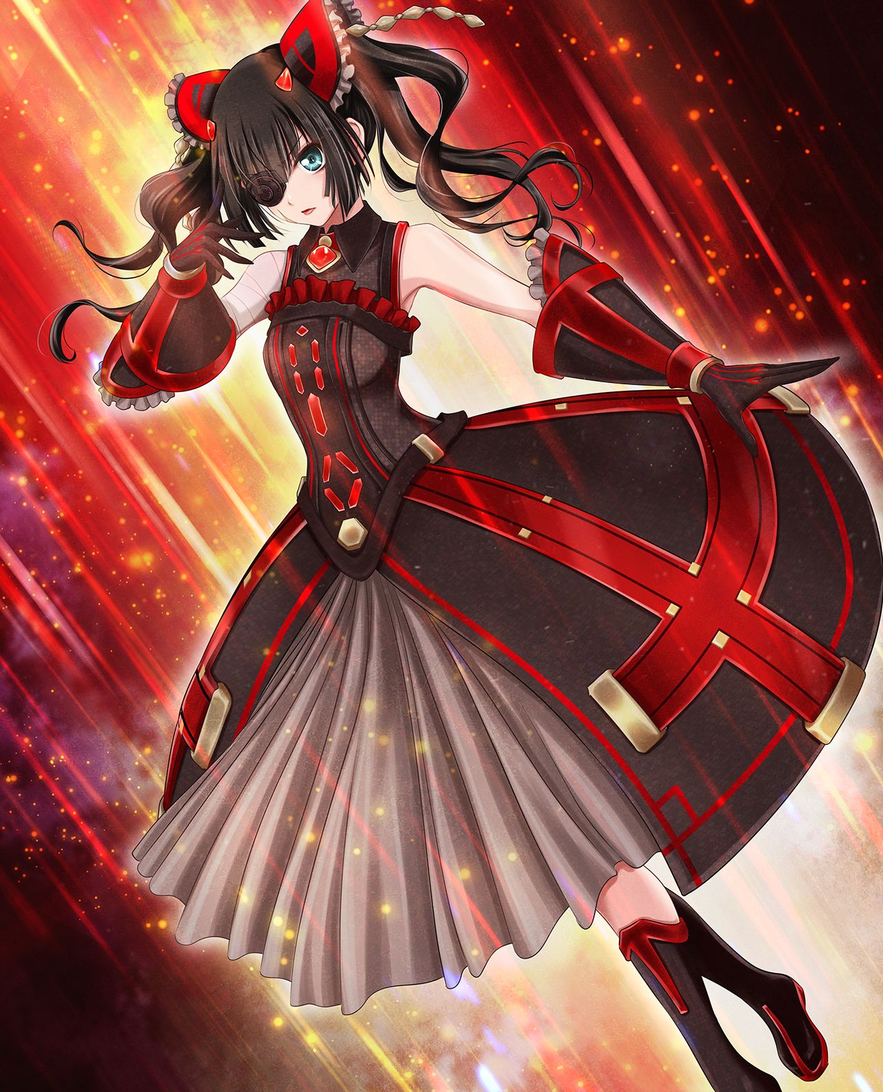 1girl black_dress black_footwear black_gloves black_hair dead_aegis dress eyepatch feet_out_of_frame floating_hair game_cg gloves green_eyes hair_ornament highres li_canxue long_dress long_hair red_lips shiny shiny_hair sleeveless sleeveless_dress solo standing twintails ueda_metawo