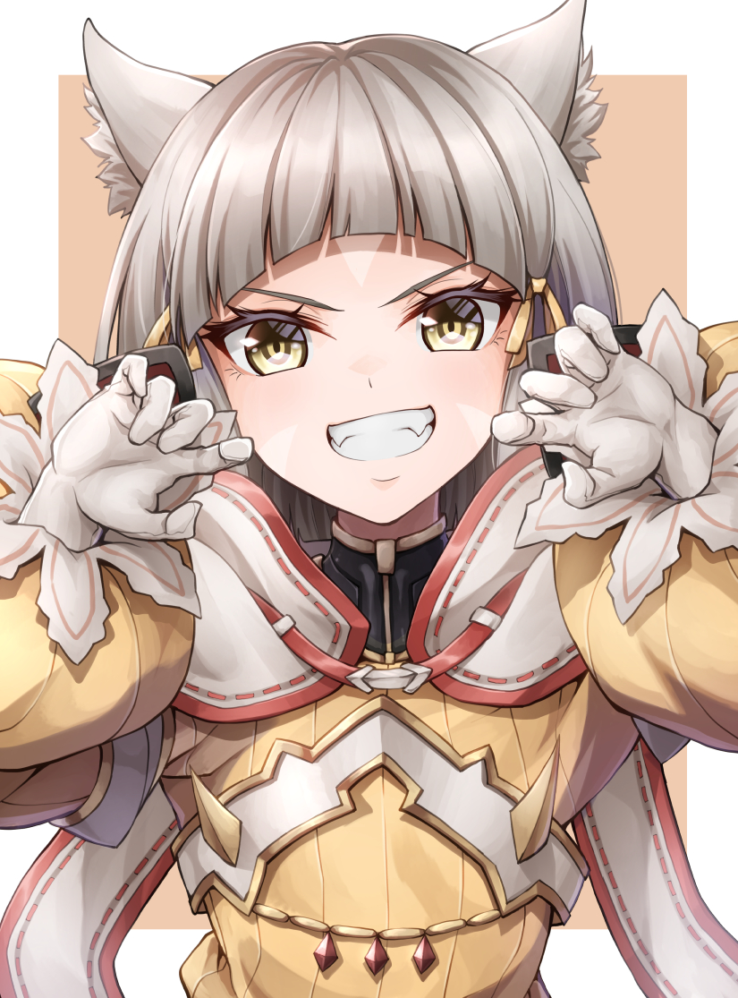 1girl animal_ear_fluff animal_ears bangs blunt_bangs bodysuit cat_ears cat_girl claw_pose eyelashes facial_mark fangs flat_chest gem gloves grey_hair grin hair_ribbon hands_up long_sleeves looking_at_viewer nia_(xenoblade) puffy_long_sleeves puffy_sleeves red_gemstone ribbon ribbon_trim short_hair smile solo spikes ten_(tenchan_man) upper_body v-shaped_eyebrows white_gloves xenoblade_chronicles_(series) xenoblade_chronicles_2 yellow_bodysuit yellow_eyes yellow_ribbon