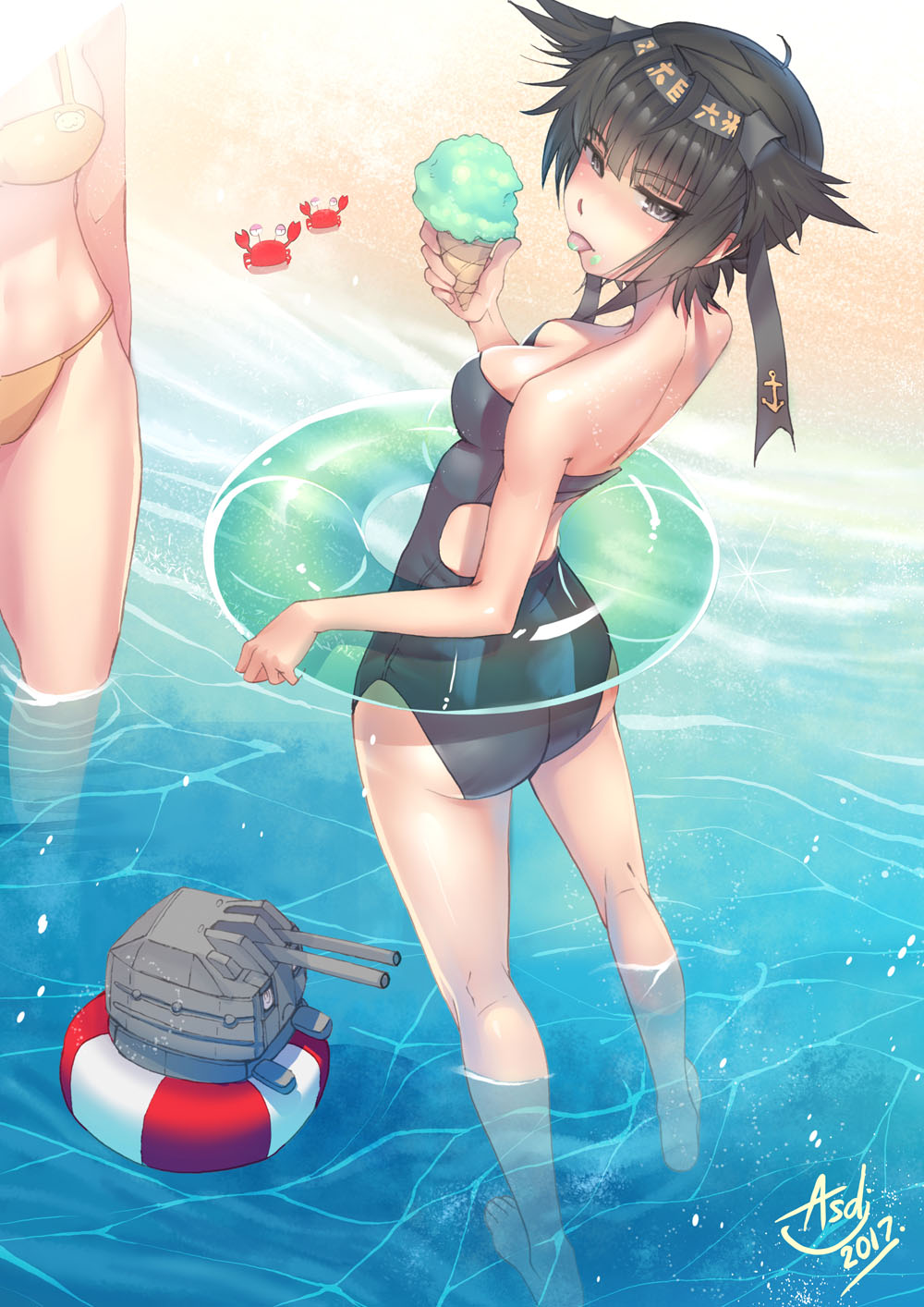 2girls asdj ass beach black_hair blue_one-piece_swimsuit breasts character_request chou-10cm-hou-chan clip_studio_paint_(medium) competition_swimsuit food full_body grey_eyes groin hachimaki hatsuzuki_(kancolle) headband highres ice_cream kantai_collection lifebuoy medium_breasts multiple_girls official_alternate_costume one-piece_swimsuit short_hair small_breasts swimsuit tagme two-tone_swimsuit white_one-piece_swimsuit