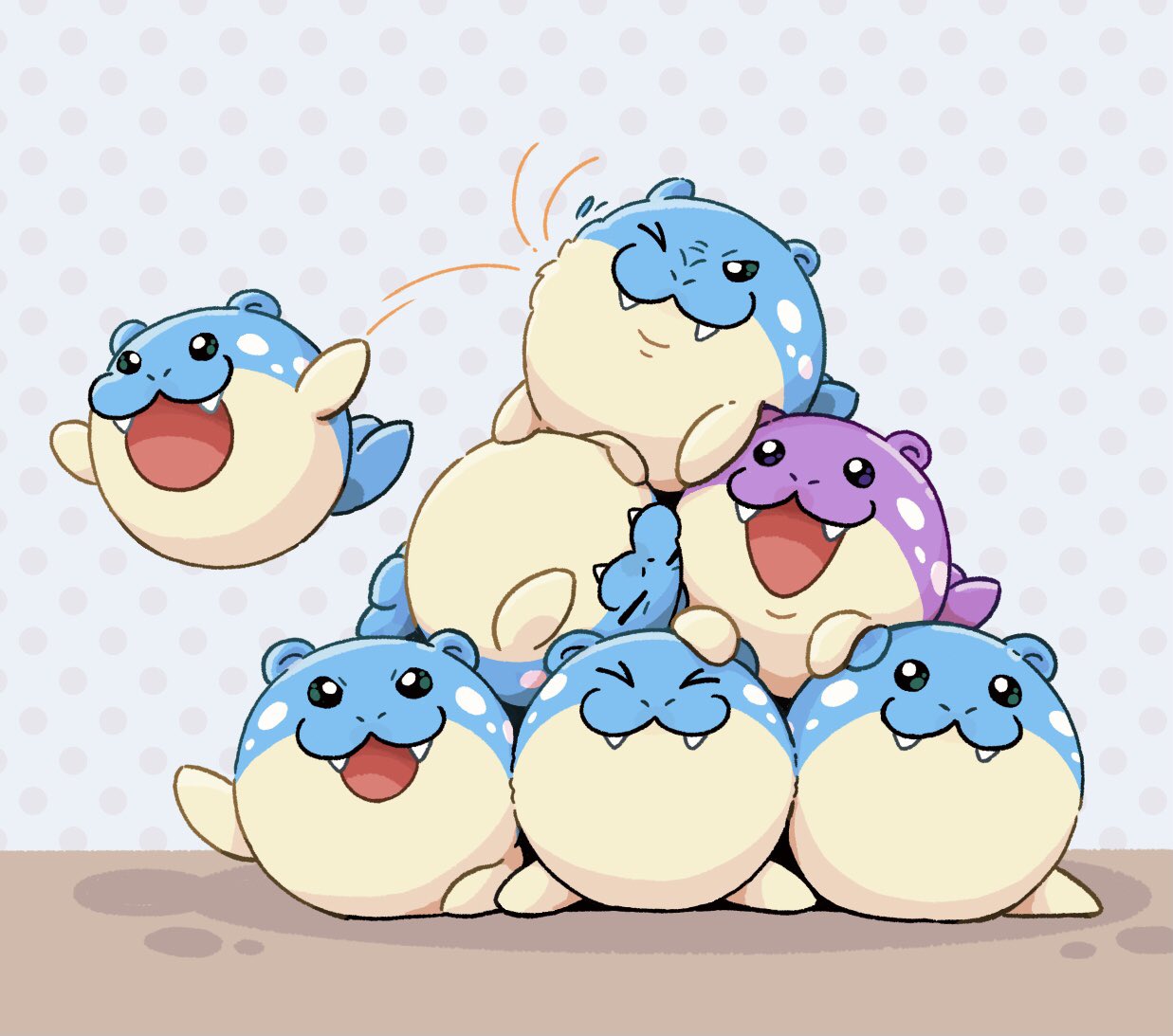 &gt;_&lt; &gt;_o :3 commentary_request fangs mochi_(swallow-luff) motion_lines no_humans one_eye_closed open_mouth pokemon pokemon_(creature) polka_dot polka_dot_background smile spheal stacking