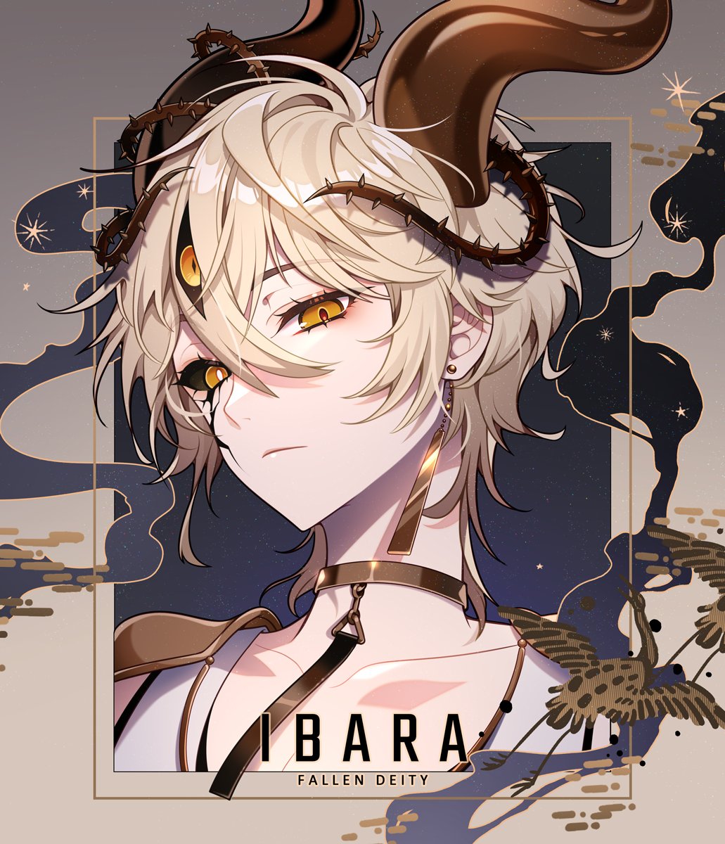 1boy bishounen black_sclera blonde_hair collarbone colored_sclera demon demon_boy earrings expressionless henxtie highres horns jewelry looking_at_viewer male_focus original short_hair solo thorns upper_body