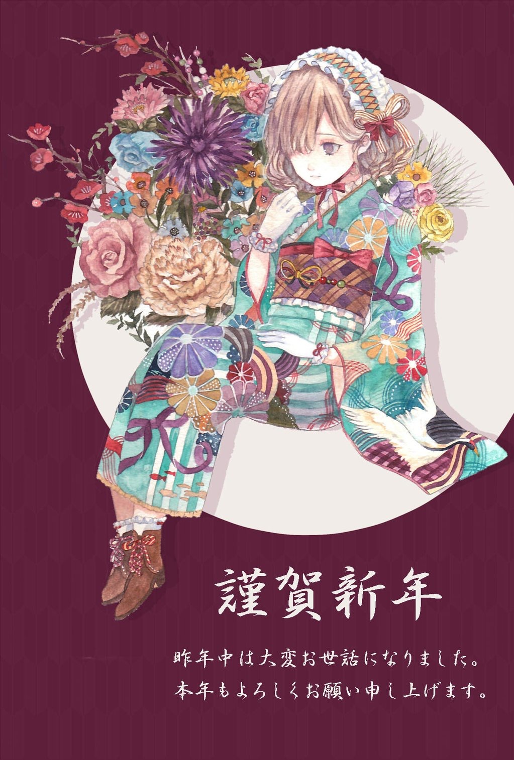 1girl animal_print bangs bird bird_print blue_flower blue_kimono bow branch brown_footwear brown_sash chrysanthemum_print circle closed_mouth expressionless floral_print flower flower_request footwear_ribbon frilled_cuffs frilled_kimono frilled_socks frills hair_bow hair_over_one_eye hairband headdress highres japanese_clothes kimono leaf light_blue_kimono light_brown_hair long_bangs looking_ahead medium_hair nengajou new_year obi orange_flower original painting_(medium) pale_skin pink_flower pink_rose plaid_kimono plaid_sash print_kimono purple_background purple_flower purple_ribbon purple_sash red_bow red_ribbon ribbon rose sash sitting socks solo striped striped_ribbon traditional_media uni_(setsuna_gumi39) watercolor_(medium) white_bird white_socks white_stripes wrist_cuffs yellow_flower yellow_ribbon