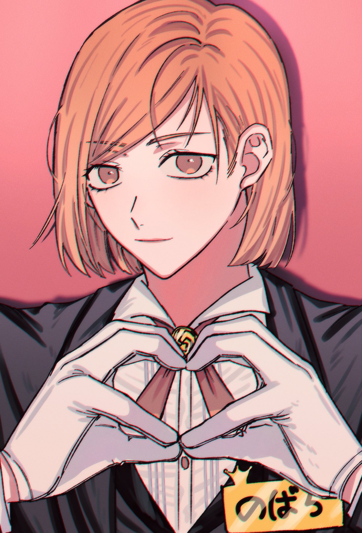 1girl black_jacket brown_eyes brown_hair butler closed_mouth crossdressing fushirun_rung gloves heart heart_hands highres jacket jujutsu_kaisen korean_commentary kugisaki_nobara long_sleeves looking_at_viewer medium_hair pink_background ribbon simple_background smile solo white_gloves