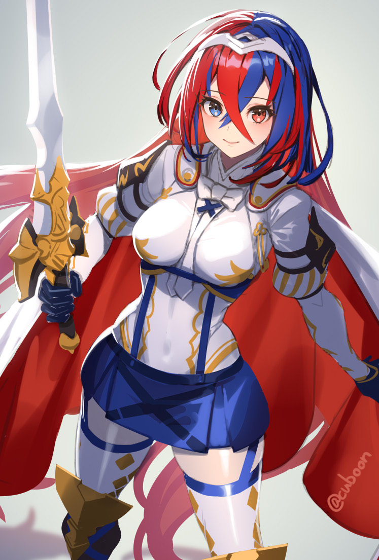 1girl alear_(fire_emblem) alear_(fire_emblem)_(female) armor bangs blue_eyes blue_hair blush boots breasts covered_navel crossed_bangs cuboon fire_emblem fire_emblem_engage gloves heterochromia knee_boots knee_guards liberation_(fire_emblem) long_hair looking_at_viewer medium_breasts multicolored_hair red_eyes redhead smile solo split-color_hair thigh-highs thigh_strap tiara two-tone_hair very_long_hair