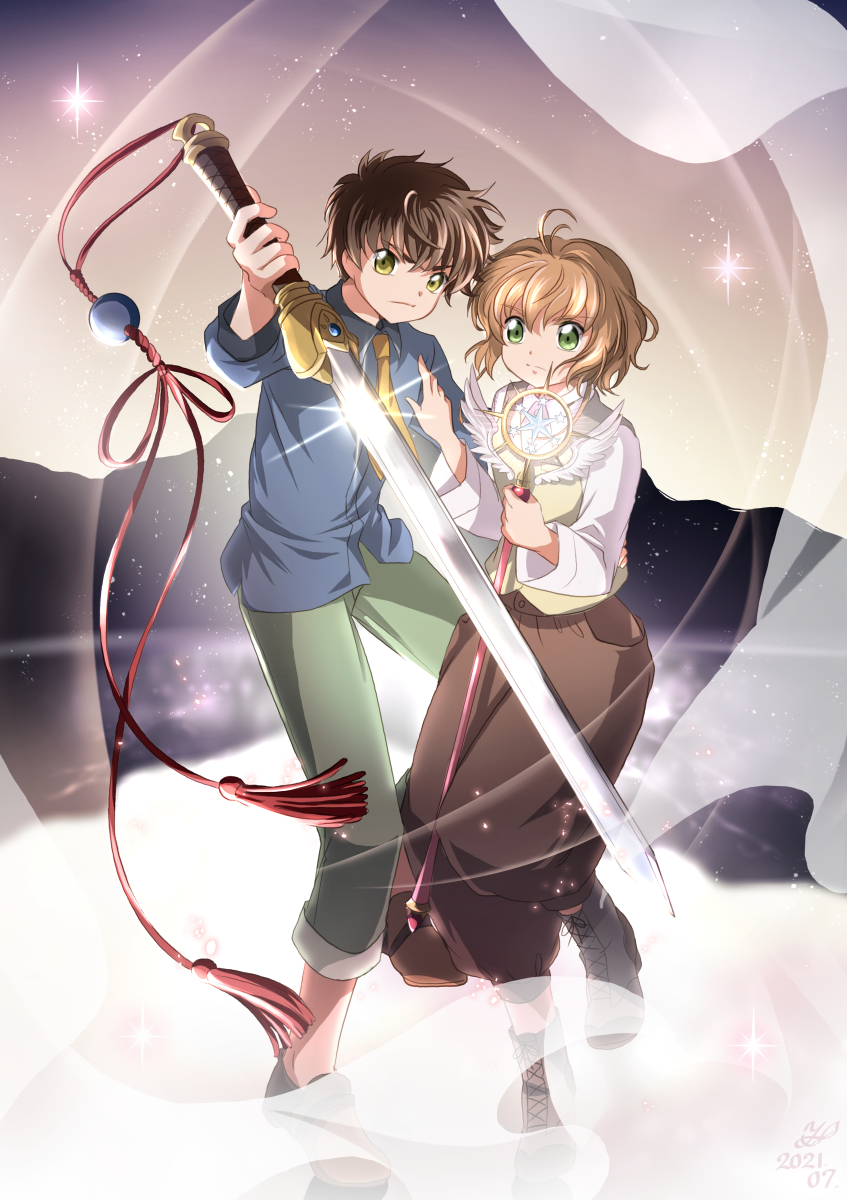 1boy 1girl antenna_hair blue_shirt brown_hair brown_necktie brown_pants cardcaptor_sakura closed_mouth collared_shirt dress_shirt frown green_eyes green_pants grey_footwear highres holding holding_staff holding_sword holding_weapon iwai10iwai kinomoto_sakura li_xiaolang long_sleeves necktie pants shirt short_hair staff sword weapon wing_collar yellow_eyes