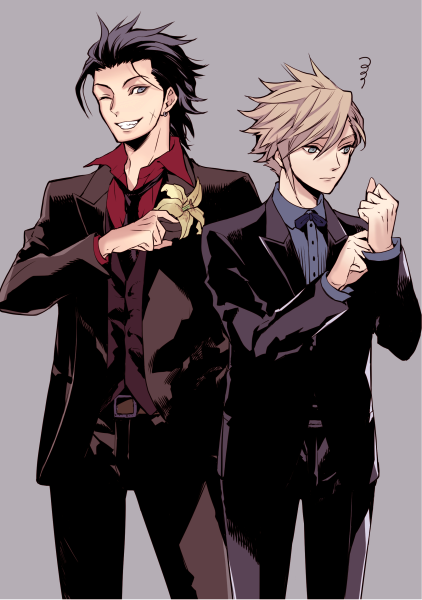 2boys belt belt_buckle black_hair black_necktie blonde_hair blue_eyes blue_shirt buckle cloud_strife cowboy_shot cross_scar final_fantasy final_fantasy_vii final_fantasy_vii_remake flower formal grey_background grin long_sleeves male_focus mono0805 multiple_boys necktie one_eye_closed red_shirt scar scar_on_cheek scar_on_face shirt simple_background smile spiky_hair suit yellow_flower zack_fair