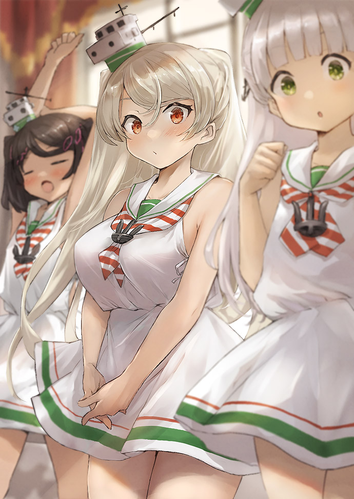 3girls anchor_necklace bangs black_hair blunt_bangs blurry breasts brown_eyes commentary_request conte_di_cavour_(kancolle) cosplay cowboy_shot depth_of_field dress green_eyes grey_hair jewelry kantai_collection large_breasts libeccio_(kancolle) libeccio_(kancolle)_(cosplay) long_hair maestrale_(kancolle) matching_outfit mole mole_under_eye multiple_girls necklace one_eye_closed ribbon sailor_dress scirocco_(kancolle) short_hair sleeveless sleeveless_dress toka_(marchlizard) two_side_up white_dress white_ribbon yawning