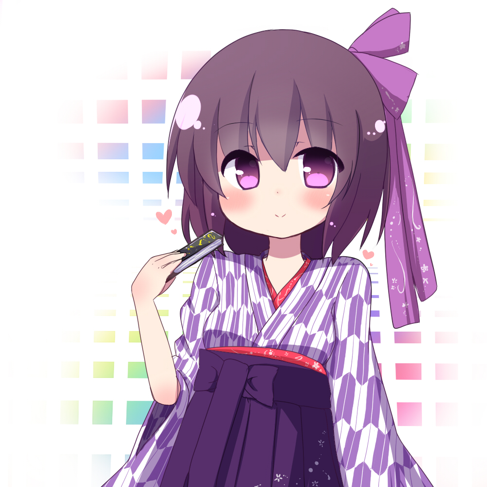 1girl bangs blush breasts brown_hair closed_mouth commentary_request folded_fan folding_fan hair_between_eyes hair_ribbon hakama hakama_skirt hand_fan hand_up heart holding holding_fan japanese_clothes kimono long_sleeves looking_at_viewer original print_kimono purple_hakama purple_ribbon rensei ribbon skirt small_breasts smile solo violet_eyes white_background wide_sleeves yagasuri