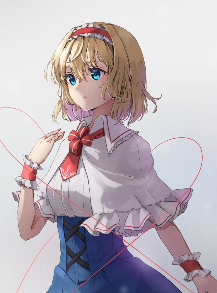 1girl alice_margatroid blonde_hair blue_dress blue_eyes dress expressionless hair_ornament hairband necktie red_hairband red_nails red_necktie shironeko_yuuki short_sleeves solo touhou two-tone_dress white_background white_dress