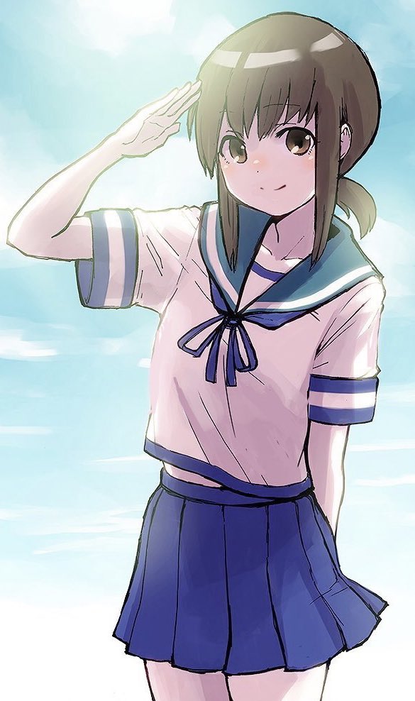 1girl blue_sailor_collar blue_skirt brown_eyes brown_hair cowboy_shot day fubuki_(kancolle) hair_between_eyes kantai_collection pleated_skirt sailor_collar school_uniform serafuku short_hair short_ponytail short_sleeves skirt smile solo sun sunlight unagiman