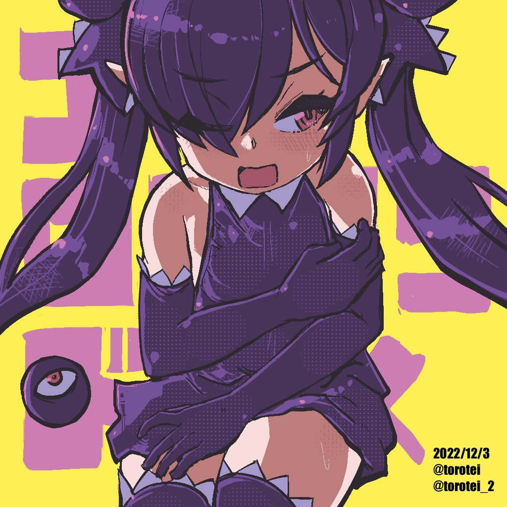1girl artist_name backbeako backbeard black_dress black_gloves black_hair black_ribbon black_thighhighs blush commentary covering_body dated dress elbow_gloves eyes_visible_through_hair gegege_no_kitarou gloves hair_over_one_eye hair_ribbon long_hair looking_to_the_side one_eye_closed open_mouth original pointy_ears red_eyes ribbon simple_background sleeveless sleeveless_dress solo square_mouth sweatdrop text_background thigh-highs torotei translated twintails twitter_username yellow_background