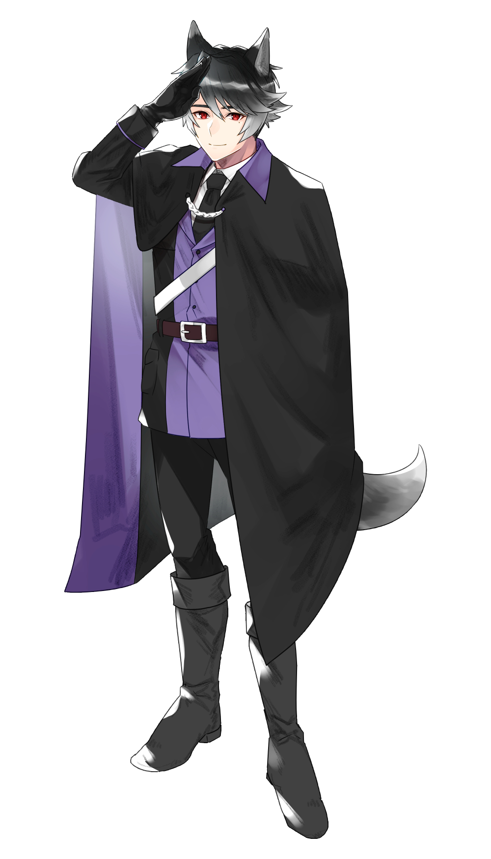 1boy animal_ears belt black_cape black_footwear black_gloves black_necktie black_pants cape full_body gloves hair_between_eyes highres long_sleeves male_focus necktie neu-ko pants pixiv_fantasia pixiv_fantasia_scepter_of_zeraldia purple_cape red_eyes salute scharf_(pfsoz) short_hair simple_background smile solo tail two-tone_cape white_background