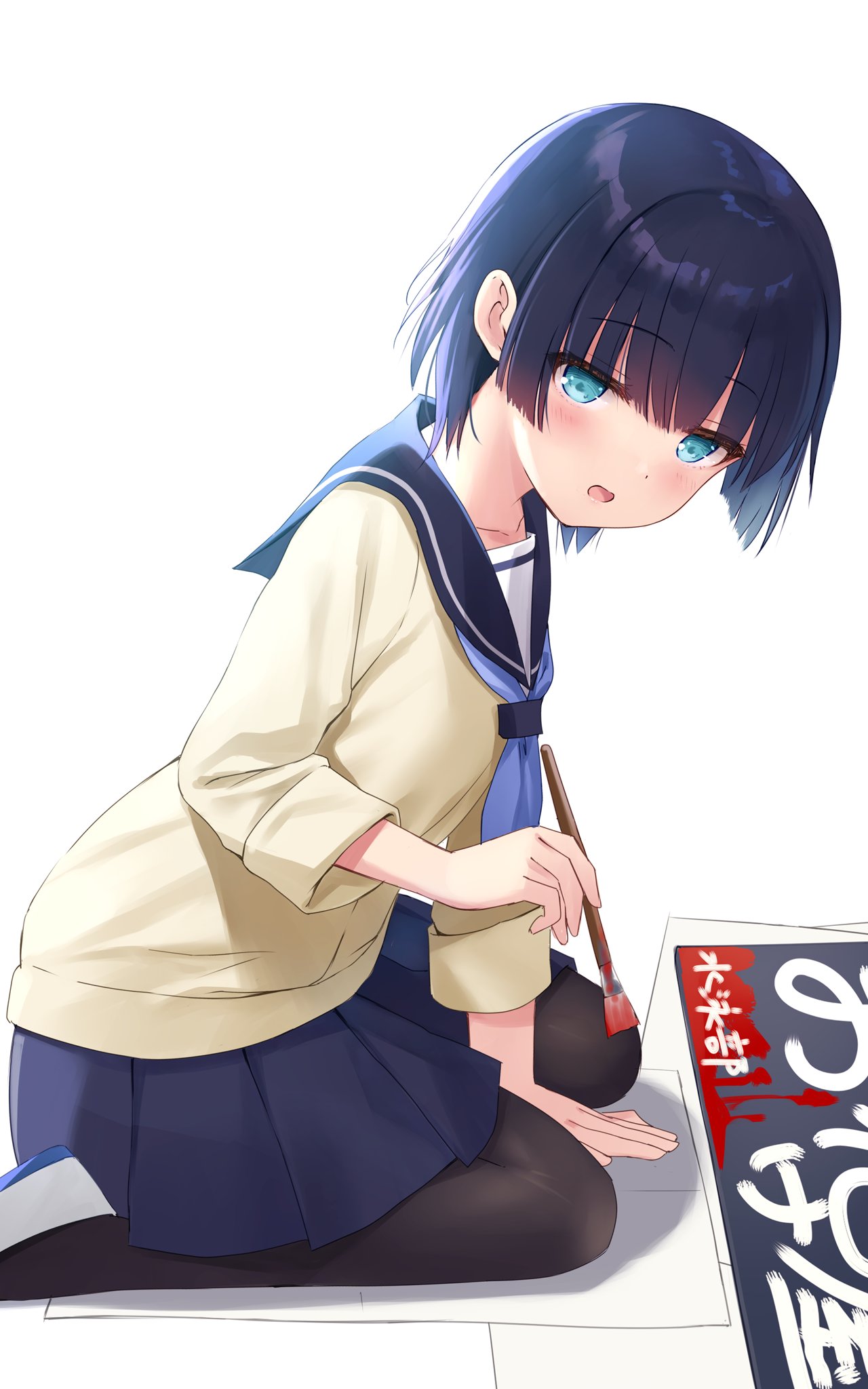 1girl bangs black_pantyhose blue_eyes blue_hair blue_neckerchief blue_sailor_collar blush breasts commentary_request full_body highres holding holding_paintbrush looking_at_viewer na-ga neckerchief open_mouth original paintbrush pantyhose pleated_skirt sailor_collar school_uniform shiny shiny_hair short_hair sidelocks sign sitting skirt small_breasts solo sweater translation_request wariza white_background yellow_sweater