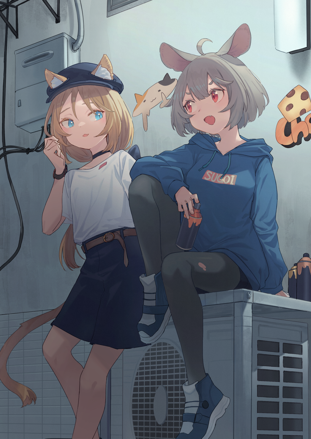 2girls ahoge air_conditioner animal_ear_fluff animal_ears bangs belt black_choker black_pantyhose blonde_hair blue_eyes blue_hoodie blue_skirt choker drawstring fang graffiti grey_hair hair_between_eyes highres holding hood hood_down hoodie long_hair long_sleeves multiple_girls open_mouth original pantyhose peroncho red_eyes shirt shoes short_hair short_sleeves skirt slit_pupils smile sneakers spray_can torn_clothes torn_pantyhose watch watch white_shirt