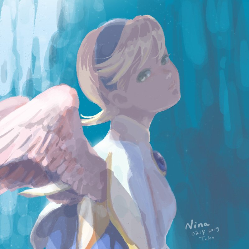 1girl angel_wings blonde_hair breath_of_fire breath_of_fire_iv brooch closed_mouth dated dress feathered_wings hairband jewelry looking_at_viewer nina_(breath_of_fire_iv) short_hair solo toko_(tokkotoritori) very_short_hair white_wings wings