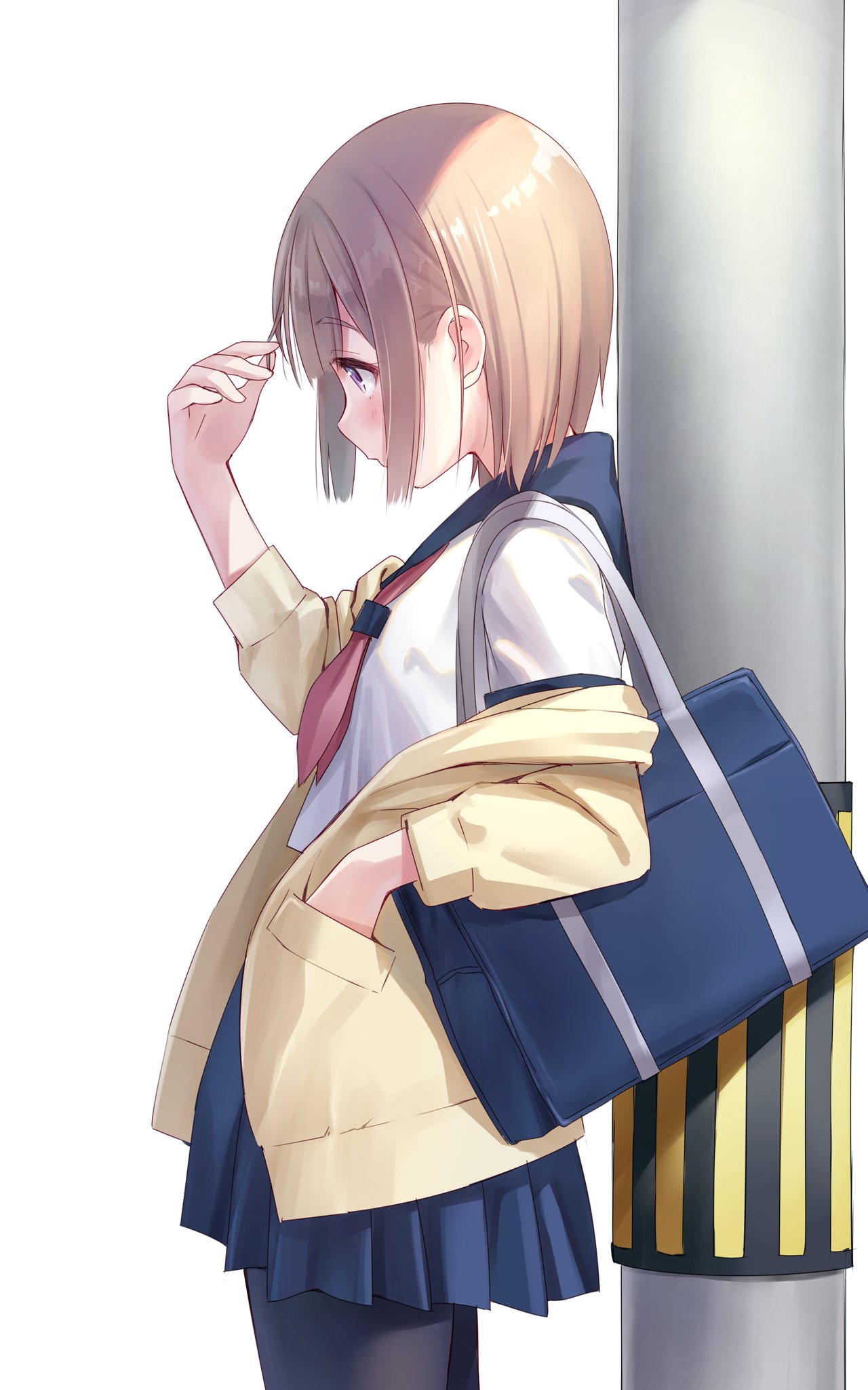 1girl bag bangs black_pantyhose blonde_hair blue_bag blue_sailor_collar blue_skirt blush breasts cardigan commentary_request cowboy_shot from_side hand_in_own_hair hand_in_pocket hand_up highres na-ga neckerchief off_shoulder open_cardigan open_clothes original pantyhose pleated_skirt profile red_neckerchief sailor_collar school_bag school_uniform shirt short_hair sidelocks skirt small_breasts solo standing white_background white_shirt yellow_cardigan