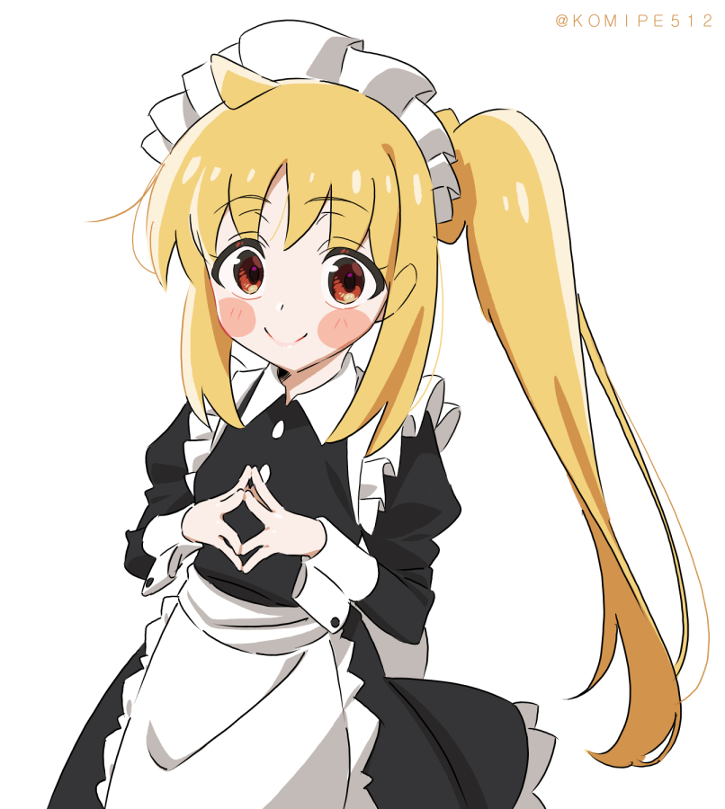 1girl ahoge apron bangs blonde_hair blush bocchi_the_rock! closed_mouth dress frills ijichi_nijika juliet_sleeves komipe512 long_hair long_sleeves looking_at_viewer maid maid_headdress puffy_sleeves red_eyes side_ponytail sidelocks simple_background smile solo standing steepled_fingers waist_apron white_background