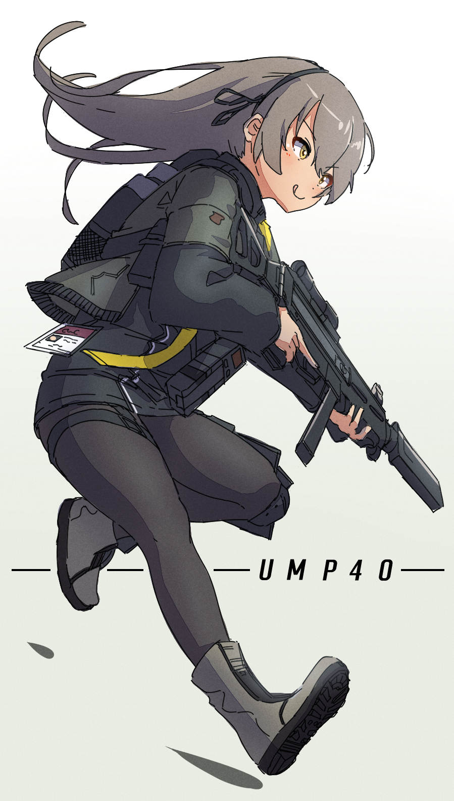 1girl :q bangs black_jacket black_pantyhose black_shorts black_skirt boots character_name closed_mouth commentary_request floating_hair full_body girls_frontline gradient gradient_background grey_background grey_footwear grey_hair gun h&amp;k_ump40 hair_between_eyes highres holding holding_gun holding_weapon jacket kuro_kosyou long_hair long_sleeves looking_away name_connection object_namesake pantyhose running shoe_soles shorts skirt smile solo tongue tongue_out trigger_discipline ump40_(girls'_frontline) weapon white_background yellow_eyes