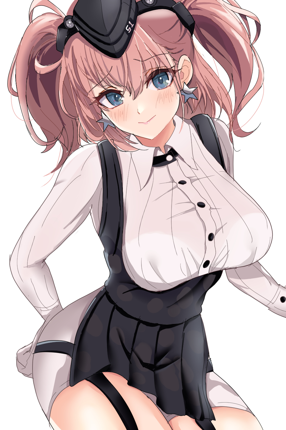 1girl anchor_hair_ornament atlanta_(kancolle) black_headwear black_skirt bra_visible_through_clothes breasts brown_hair collared_shirt dress_shirt earrings garrison_cap garter_straps gloves grey_eyes hair_ornament hat high-waist_skirt highres jewelry kantai_collection large_breasts long_hair long_sleeves mochigome2020 partially_fingerless_gloves shirt simple_background single_earring skirt smile solo star_(symbol) star_earrings suspender_skirt suspenders twintails two_side_up white_background white_gloves white_shirt