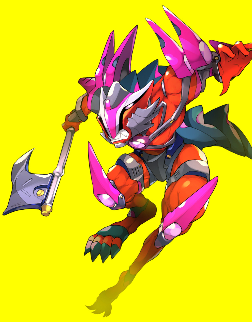 1boy armor axe ayumi_t colored_skin commentary covered_eyes duel_monster helmet highres holding holding_axe holding_weapon kashtira_fenrir knee_pads muscular open_hand red_skin sharp_toenails toenails weapon yu-gi-oh!